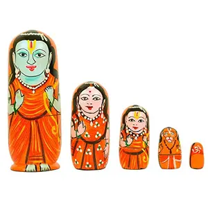 Set of 5Pcs Hand Painted Religious Ramayana Set Lord Ram Sita Laxman Hanuman Wooden Indian God