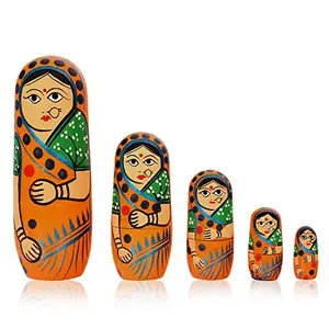 Set of 5 Piece Orange Hand Paint Cute Wooden Russian Matryoshka Stacking Nested Wood Dolls by Fine Craft India