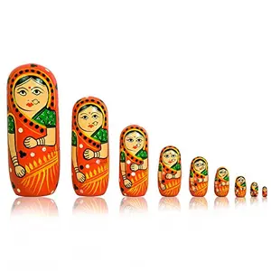 Set of 9 Piece RED Hand Paints Matryoshka Traditional Indian Nesting Stacking RED Wooden Nested Dolls Christmas