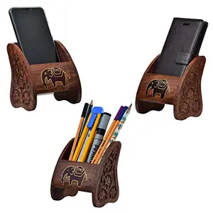 Wooden Handcrafted Mobile Holder cum Desktop Small Stationery Organizer Pen Pencil | Dimensions: 4" x 3" x 5" Inches Weight: 160 Grams