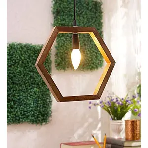 Natural Mango Wood Hexagonal Contemporary Hanging Pendant Ceiling Light Without Bulb (Hexagon)