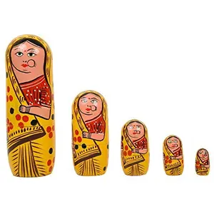 Set of 5Pcs Hand Painted Cute Wooden Indian Matryoshka Stacking Nested Wood Yellow Dolls