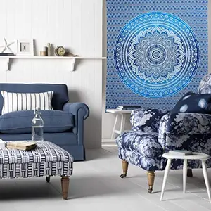 International Indian Hippie Bohemian Psychedelic Mandala Wall Hanging Bedding Tapestry (Blue-White Queen(84x90Inches)(215x230Cms))