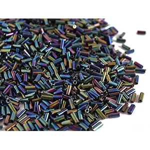 Opaque Rainbow Black Pipe/Bugle Beads/Glass Seed Beads (4.5 mm) (100 Grams) Standard Quality for  Jewellery Making Beading Arts and Crafts and Embroidery.