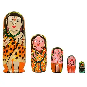 Set of 5Pcs Hand Painted Religious Shiva Family Wooden Indian God