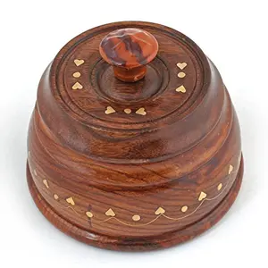Wooden Round Dry Fruit Box with Brass Inlay Work on Top