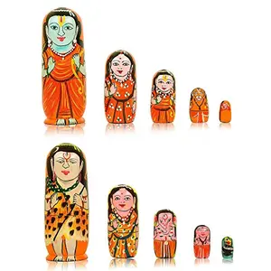 Wooden Hand Painted 2 Set of 5 Pieces Religious Idol Figurine of Shiva Family |lord Shiva Parvati Ganesha Kartikeya and Shivalingam| And Ramayana Character |Ram Sita Laxman Hanuman and hindisum Om Symbol|