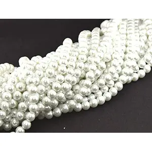 Opaque White Spherical Glass Pearl (8 mm) (5 Strings) - for Jewellery Making Beading Art and Craft