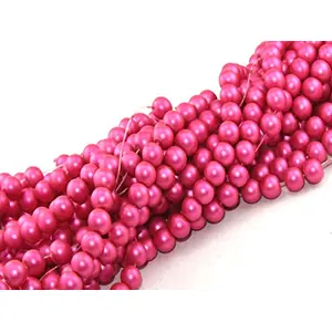 Pink Matte Finish Spherical Glass Pearl (8 mm) (1 String) - for Jewellery Making Beading Art and Craft