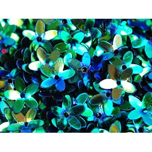 Blue Green 1 Hole Flower Shape Plastic Sequins for Embroidery Decoration Art and Craft (Pack of 100 Grams)