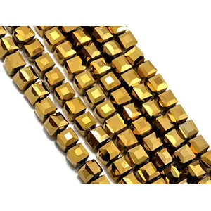 Golden Metallic Cube Shaped Crystal Beads (2 mm * 2 mm) 1 String for  Jewellery Making Beading Art and Craft Purpose