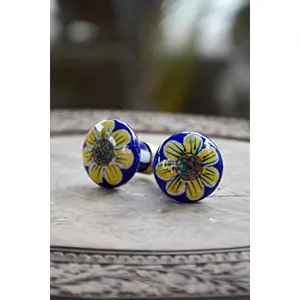 Set of 2 Door Drawers Knobs in Ceramic Blue Pottery