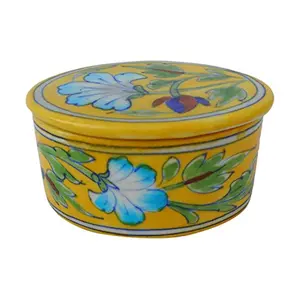 Indian Blue Art Pottery Ceramic Pottery Storage Box (10 cm x 8 cm x 5 cm Yellow)