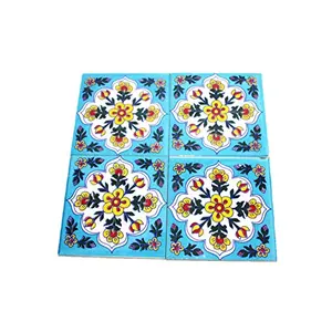 Ceramic Handmade Tiles for Wall (4 x 4-inch) - Pack of 4 (Skya Blue)