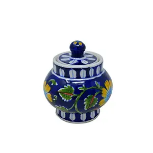 Handmade.Global Authentic Sugar Pot Container with Floral Pattern Blue Colour 3.5 Inches