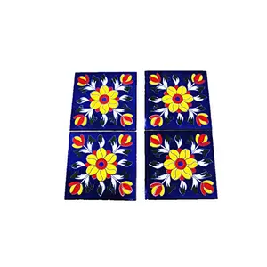 Ceramic Handmade Tiles for Wall (4 x 4-inch) - Pack of 4 (Blue)