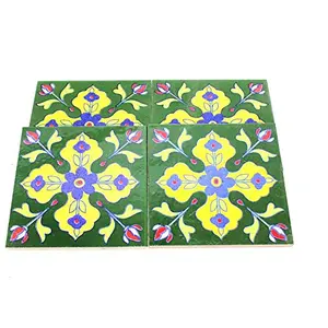 Ceramic Handmade Tiles for Wall (4 x 4-inch) - Pack of 4 (Dark Green)