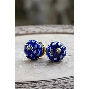 Ceramic Pottery Door Embossing Drawers Knobs 3 Inch Blue - Set of 2