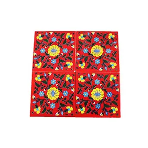 Ceramic Handmade Tiles for Wall (4 x 4-inch) - Pack of 4 (Red)