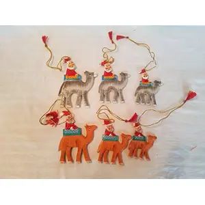 Kashmiri Papier Mache Christmas Camel Santa Set Decorations Tree for Holiday Party Decoration Tree Hooks Included by (Set of 6)