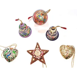 Kashmiri Handcrafted Wooden Christmas Decorative Hanging Ornaments Set of 6