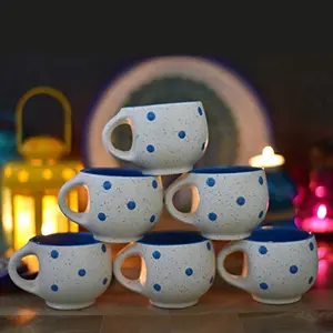 Stylish Ceramic Handcrafted Black Pari Dot Printed Microwave Safe Tea Cup/Coffee Cup Set Ideal Best Gift for Friends Family Home Office use Kitchen Cup Set (Set of 6 130 ML) (WHITE BLUE DOT(7))