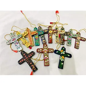 Kashmiri papaier Mache Wooden Handcrafted Set of 4 Hanging Cross Showpiece for Home Decor and Gift Purpose