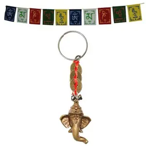 Prayer Flag for CAR/Motorbike and SRI Ganesha with Three I-Ching Coin Keychain Combo Pack