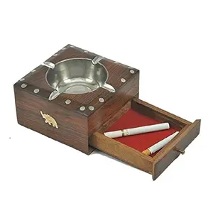 Table Top Decorative Handmade Sheesham Wooden Ashtray with Drawer (Cigarette/Cigrate/Cigar Holder) (5 inch Brown)