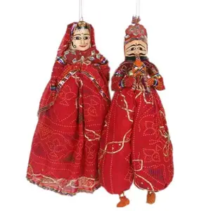 Wood Traditional Handcrafted Rajasthani Face String Standard Green 1 Male And 1 Female Puppet