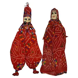 Traditional Handcrafted Rajasthani Colorful Wooden Face String Wood Folk Puppets aka Kathputli aka Rajasthani Dolls Art Handmade Puppet Pair for Home Decor Cultural Program and Event