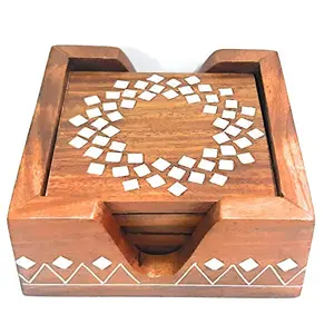 Wooden Handmade Set of 6 with Decorative Holder Tabletop Coasters for Tea Coffee Cups Mugs Beer Cans Bar Glass Indian Handicrafts(4inchx4inch) Square
