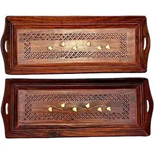 Made Wooden Hand Carved CoffeeTea Tray Set11x6-inch(Brown) - Set of 2