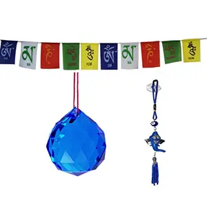 Odishabazaar Blue Sun Catcher Hanging Crystal Ball + Buddhist Prayer Flag for Car + Ganesha Evil Eye Combo Offer (color-240)