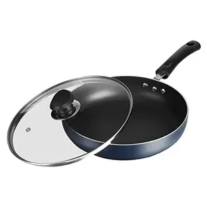 Vinod Zest Non-Stick Deep Frypan with Glass Lid 26cm Diameter with Riveted Sturdy Bakelite Handle Gas Stove Compatible PFOA Free (3mm Thickness) - Blue