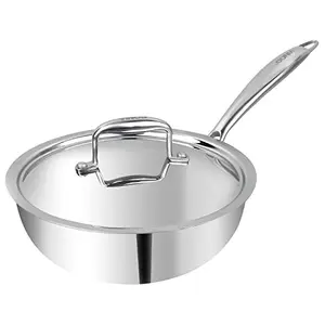 Vinod Platinum Triply Stainless Steel Deep Frypan with Lid- 20 cm (Induction Friendly)- Silver