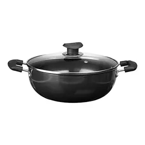Vinod Black Pearl Hard Anodised Deep Kadai with Glass Lid 2.1 litres Capacity (20 cm Diameter) with Riveted Sturdy Handles - 3.25 mm Thickness Black (Gas Stove Compatible)