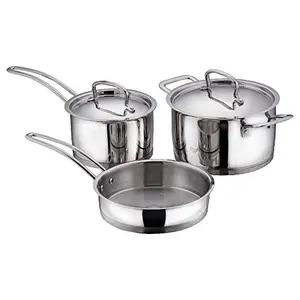 Vinod Classic Deluxe Stainless Steel Induction Friendly 3 Pcs. Set (16 cm Saucepan with Lid 18 cm Sauce Pot with Lid 20 cm Fry Pan Without Lid