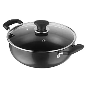 Vinod Hanos Non-Stick Deep Kadai with Glass Lid 3.1 litres Capacity (24 cm Diameter) Hard Anodised Non-Stick Coating with Riveted Handles - Black (Induction and Gas Stove Friendly)