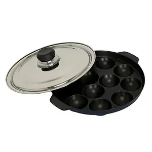 Vinod Zest Non-Stick 12 Pits Round Paniyarakkal with Stainless Steel Lid 3 Layers Coating 3mm Thickness Metal Spoon Friendly PFOA Free 12 Months Warranty - (Gas Stove Compatible)