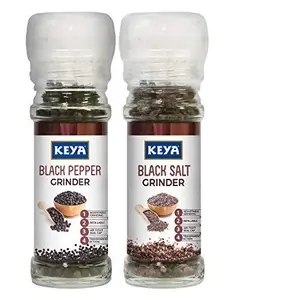 KEYA Grinder Combo | Glass Bottle | Black Pepper Grinder x 1 50 Gm | Black Salt Grinder x 1 100 Gm | Pack of 2