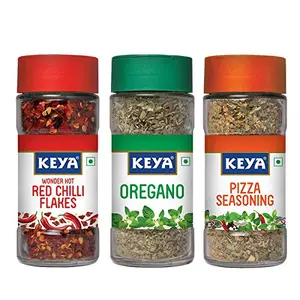 KEYA Herbs and Seasonings Combo | Glass Bottle | Oregano x 1 9gm | Pizza Seasoning x 1 45gm | Red Chilli Flakes x 1 40gm |Pack of 3