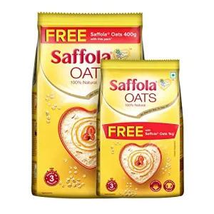 Saffola Oats | Rolled Oats | Delicious Creamy Oats | 100% Natural | High Protein & Fibre | Healthy Cereal | 1Kg with 400g Free