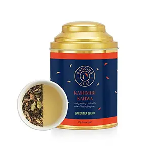 Dancing Leaf Kashmiri Kahwa | Green Tea Liquorice Ginger Cloves Cardamom Nutmeg Black Pepper Almonds & Saffron | Green Tea Blend | Loose Leaf Tin (75 GMS)