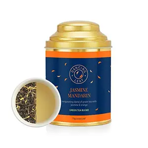 Jasmine Mandarin | Green Tea Orange Petals Jasmine Flowers & Mandarin Bits | Green Tea Blend | Loose Leaf Tin (75 GMS)