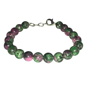 Stone Ruby Zoisite Beads Bracelet with Hook For Man, Woman, Boys & Girls- Color: Red & Green (Pack of 1 Pc.)