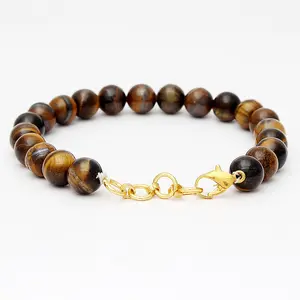 Stone Tiger Eye 8 mm Beads Bracelet With Hookh For Man, Woman, Boys & Girls- Color: Yellowish Brown (Pack of 1 Pc.)