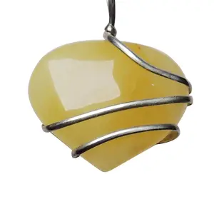 Stone Yellow Quartz Wrapped Heart Pendant For Man, Woman, Boys & Girls- Color- Yellow (Pack of 1 Pc.)