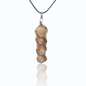 Stone Sunstone Wrapped Double Point Pendant For Man, Woman, Boys & Girls- Color- Multicolor (Pack of 1 Pc.)