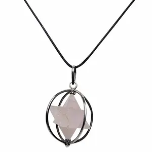 Stone Rose Quartz Markaba Scared Symbol Pendant For Man, Woman, Boys & Girls- Color- Pink (Pack of 1 Pc.)